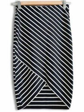 Zara Navy & White Striped Pencil Skirt Wrap Hem Stretch Size S
